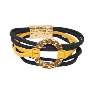Black and Yellow Hammered Circle & Suede Bracelet
